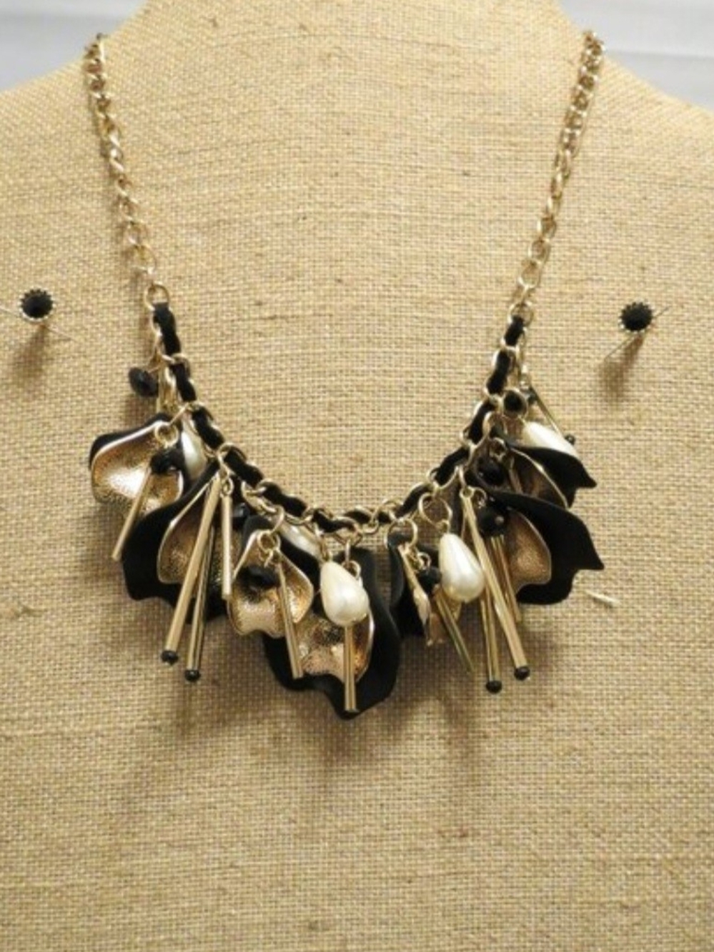 Statement Black and Gold Floral Drop Necklace with Pearl Charms